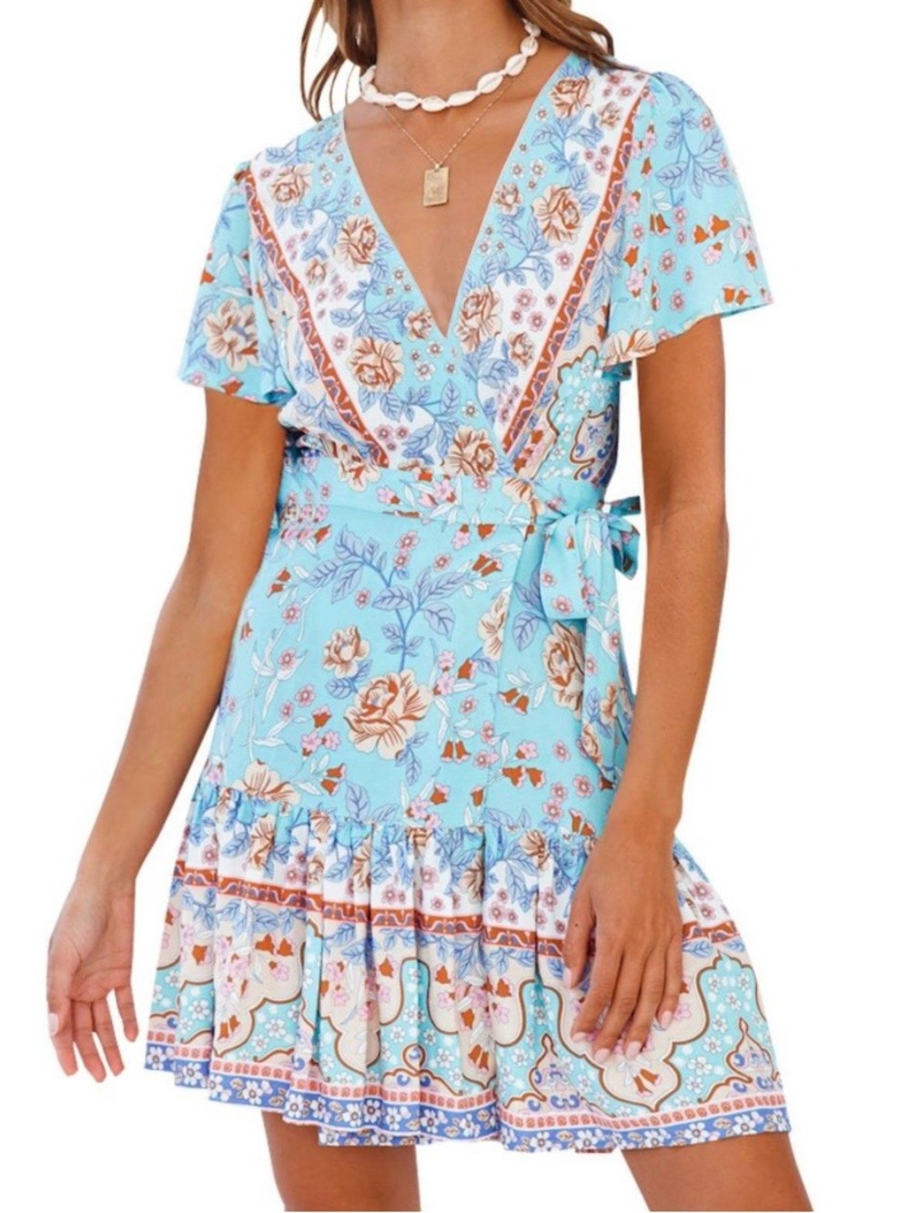 Sky Blue Floral Wrap Mini Dress with Tie Waist
